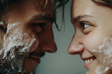 Loving couple showing intimacy, both covered in soapy foam, smiling towards each other, close up.