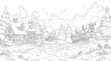 Fototapeta premium Snowy Christmas scene with houses and sleigh. Sleigh pulled by reindeer, nestled in wintry landscape. Detailed illustration