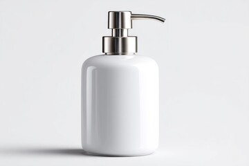 Modern white ceramic soap dispenser with metallic accents.