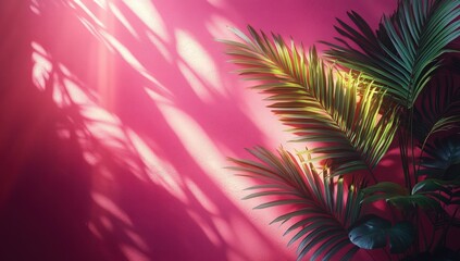 Tropical plant shadows on vibrant pink wall