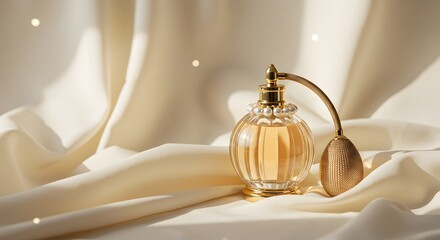 Delicate perfume atomizer with pearl accents on silky fabric background