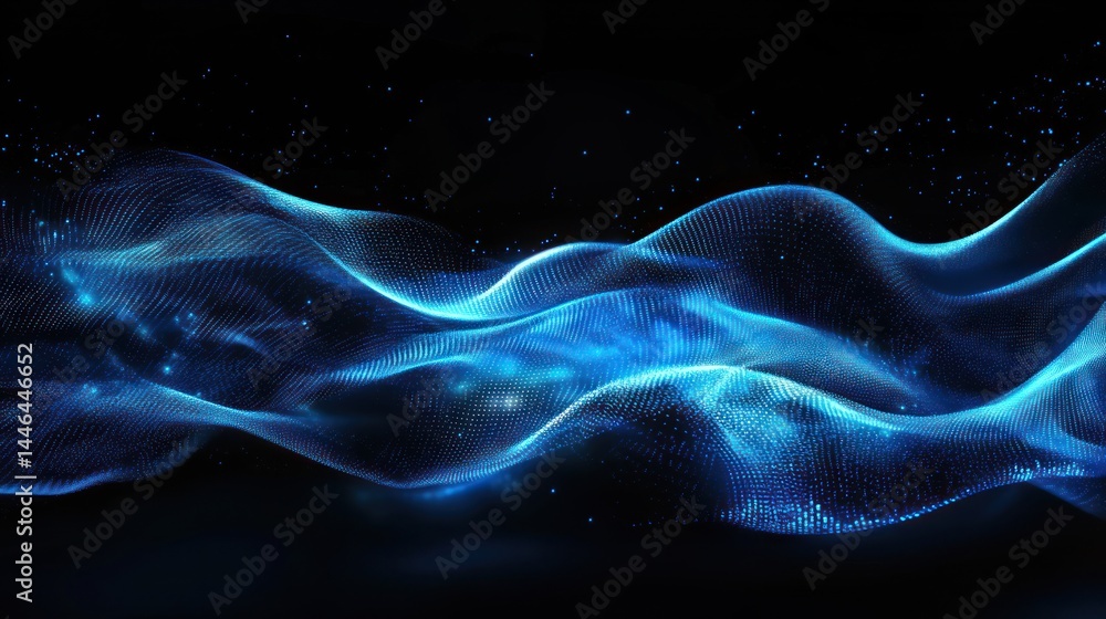 Poster abstract digital waves of glowing blue particles against a dark background. flowing, dynamic pattern