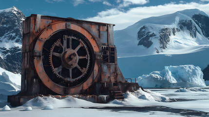 Fototapeta premium An abandoned whaling station in antarctica, rusted machinery frozen in time. [Frozen Time] | Shattered Clocks | broken gears. Illustration