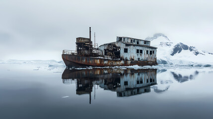 An abandoned whaling station in antarctica, rusted machinery frozen in time. [Frozen Time] | Frozen Reflections | cold echoes. Illustration