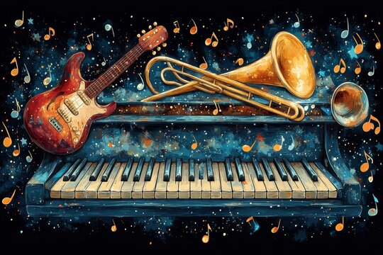 Musical instruments on piano, cosmic background, jazz concert poster
