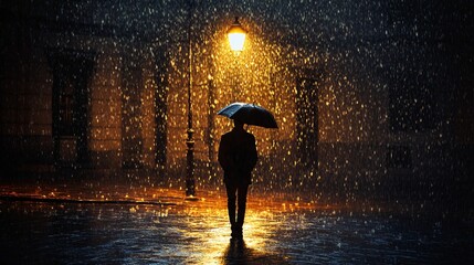 A solitary figure under a dark rainy night.