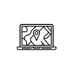 Laptop displaying digital map interface with location pin icon for GPS or navigation purposes