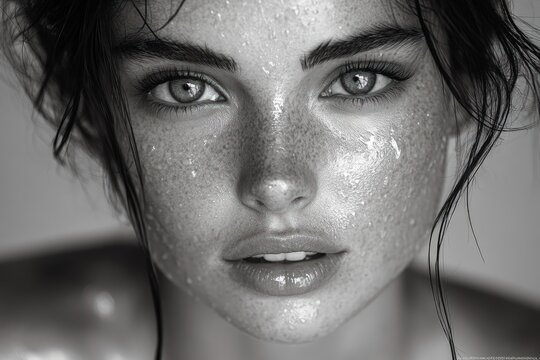 Close-up grayscale portrait of a woman with sweat glistening on her skin