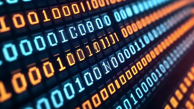 Abstract Digital Binary Code Displaying Orange and Blue Information against a Dark Background
