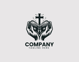 Obraz premium Hands Holding Open Bible with Cross Vector Logo