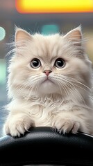 Fototapeta premium Adorable Fluffy Cream Kitten with Blue Eyes in City Night
