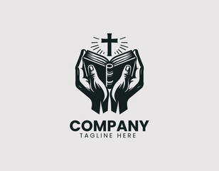 Reverent Hands Holding Open Bible with Cross Vector Logo Design