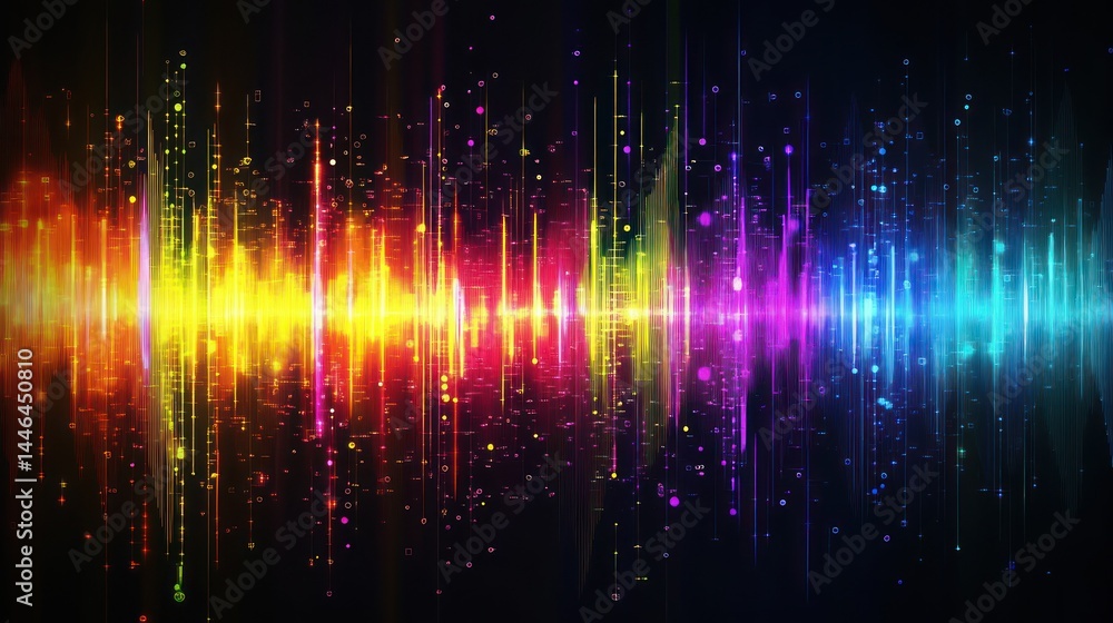 Poster vibrant, multicolored sound wave visualization with sparkling particles on a dark background