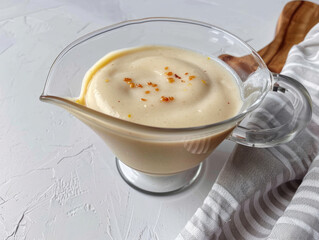 Creamy beverage in glass pitcher