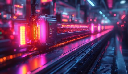 Obraz premium Futuristic assembly line with glowing components