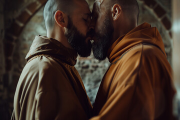 Gay Monk Kiss in medieval monastery, hidden from the church’s punishment, expressing love between two celibate men in secret