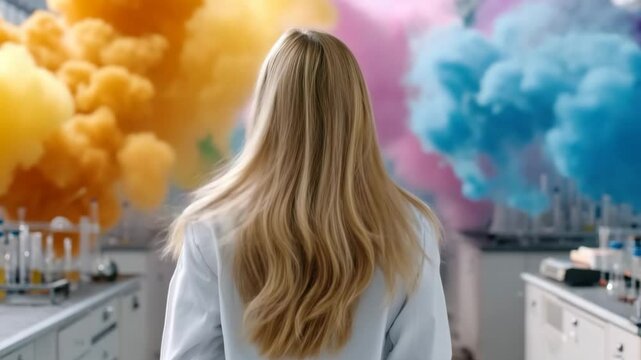 Back view of female scientist in lab coat observing a dramatic chemical reaction with colorful smoke clouds in a laboratory.
