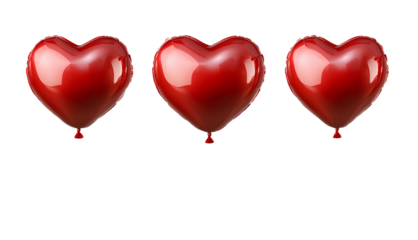  3 red heart-shaped balloon set isolated on a transparent background, cutout PNG file with a clipping path for graphic design elements.