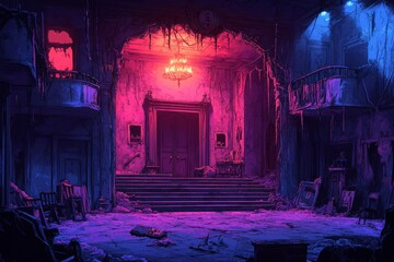 Abandoned mansion interior, neon glow, decay, nighttime. Game background