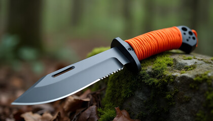 Close-up of a survival blade with an orange grip nestled on soft forest moss