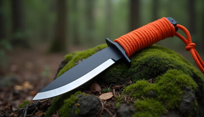 Orange-handled outdoor knife lying among lush green moss in a dense woodland setting