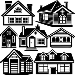 House and Condo Building black & white vector icon set