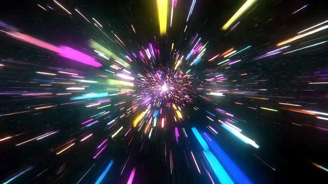 Abstract depiction of a hyper speed tunnel, colorful lights exploding from a single central point