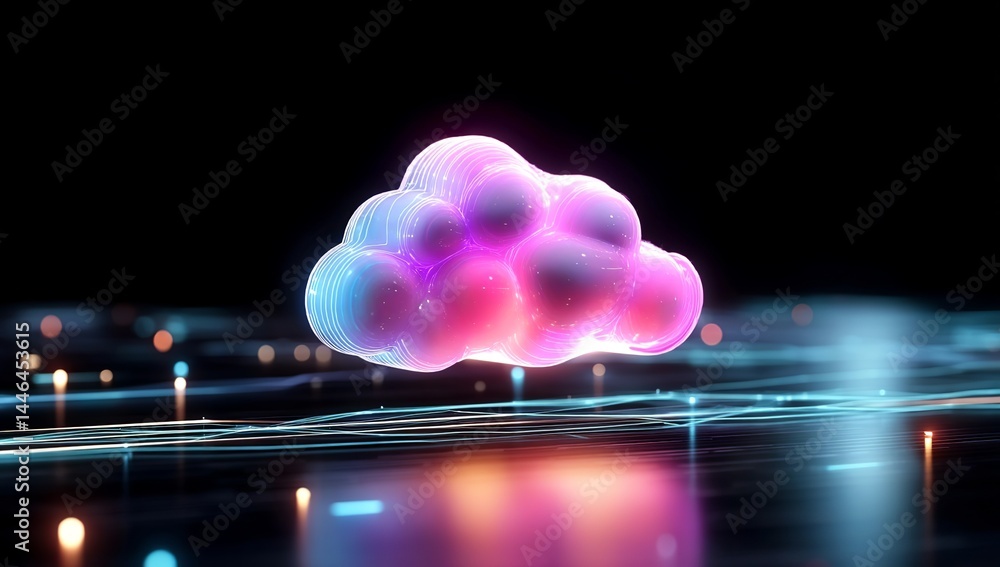 Poster 3d render of a glowing cloud icon on a black background with a blurred digital network, data