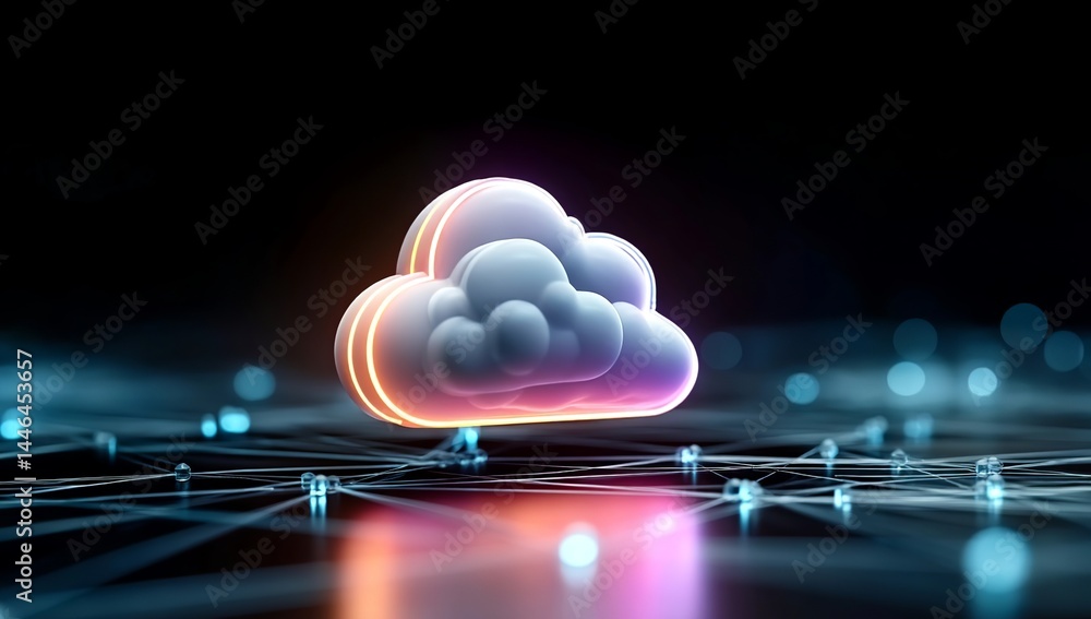Poster 3d render of a glowing cloud icon on a black background with a blurred digital network in the