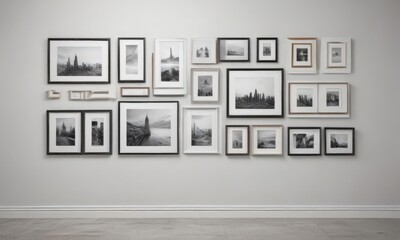 Elegant gallery wall mockup  White background, diverse frames ,  stylish,  home decor,  modern
