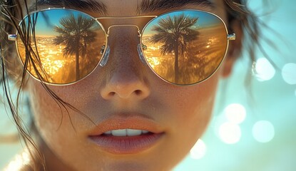 Close-up of woman wearing sunglasses reflecting a palm tree