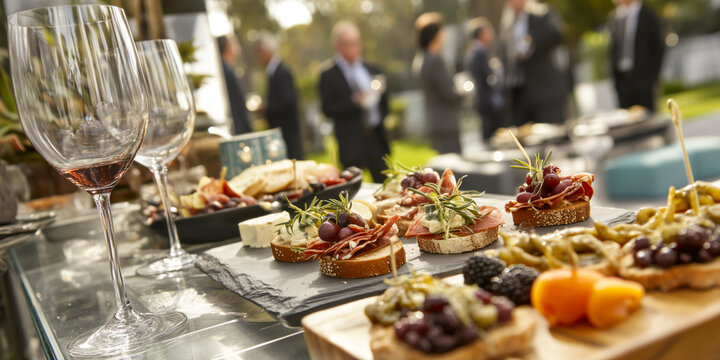 Elegant outdoor party with gourmet appetizers. Wine glasses and catered food, a refined and social gathering. Celebration, outdoors