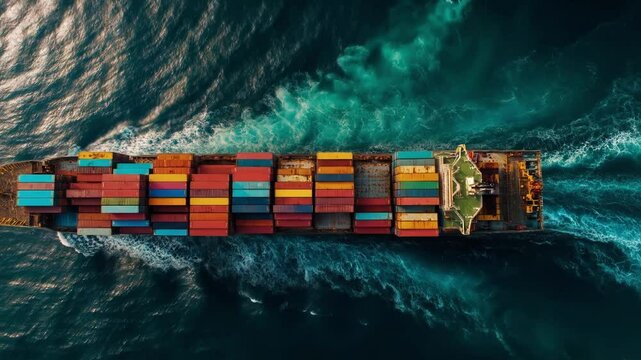 A large container ship sails across deep blue waters, leaving frothy waves behind. The vessel is loaded with vibrant cargo containers, showcasing various colors and sizes