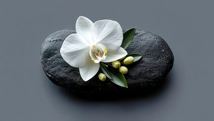 A black slate rock with an olive and white orchid flower on top, creating a minimalist floral