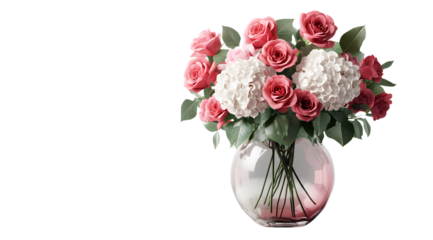 A beautiful arrangement of pink, red, and white roses with hydrangeas in an elegant gray marble vase on a transparent background