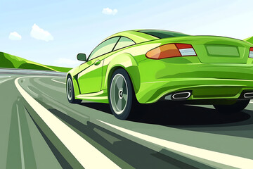 Obraz premium Vibrant green sports car speeding along a winding road with lush hills in the background