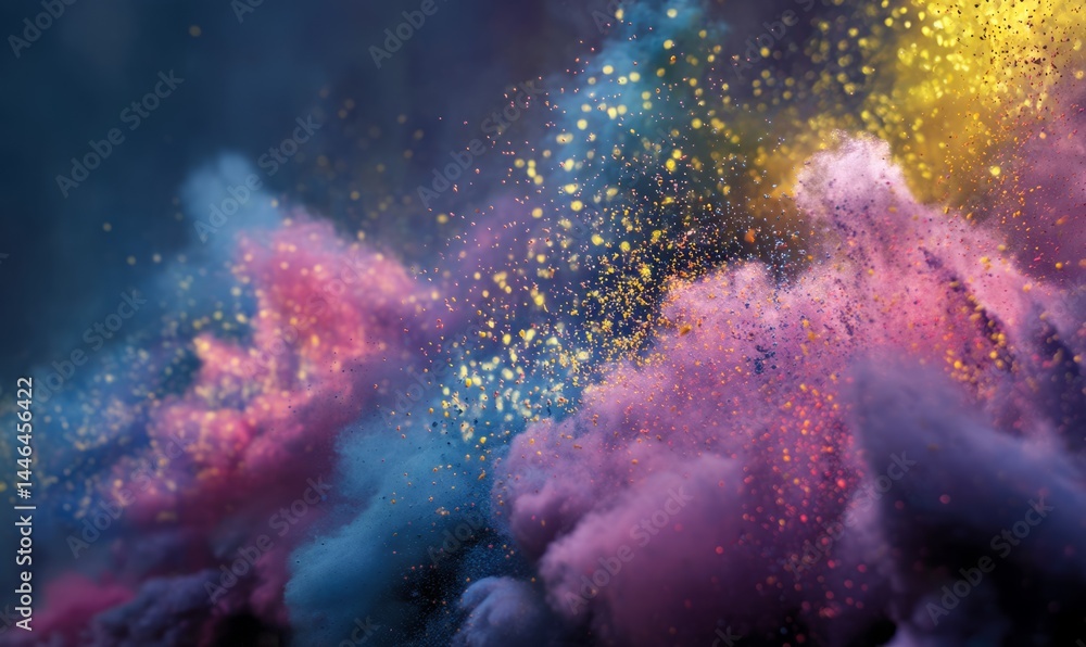 Poster abstract explosion of colorful powder with glitter in dynamic motion