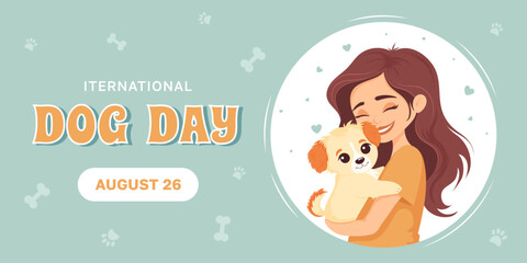 National Dog Day, horizontal banner template with a girl cuddling a cute puppy. Flat vector design about love, friendship and caring for pets.