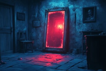 Glowing portal in haunted room; horror game asset