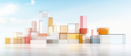 Fototapeta premium An abstract glass block skyline against a soft blue sky and reflective surface
