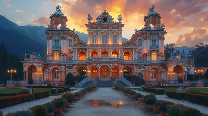 Naklejka premium Historic royal estate featuring elaborate stonework and lush gardens high resolution photo