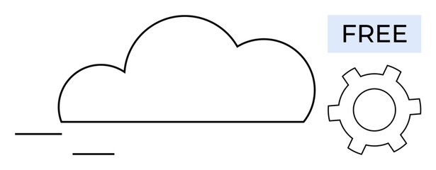 Cloud outline with motion lines, gear, and FREE label. Ideal for technology, software, services, accessibility, data storage, innovation and a simple landing page
