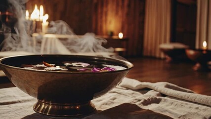 Interior view of a peaceful Ayurvedic spa room with warm candlelight wooden decor and floating flower petals creating a tranquil natural healing atmosphere for relaxation - Powered by Adobe