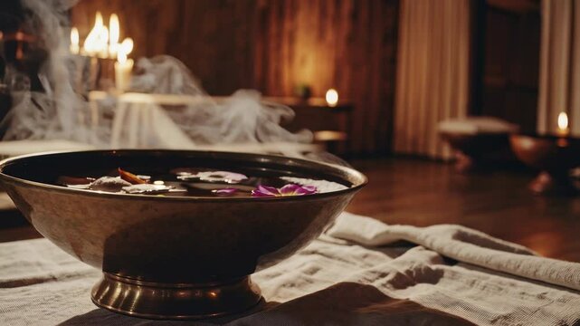Interior view of a peaceful Ayurvedic spa room with warm candlelight wooden decor and floating flower petals creating a tranquil natural healing atmosphere for relaxation
