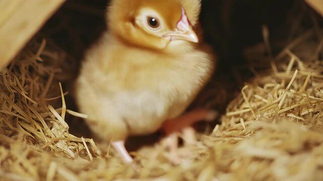 Downy chick nestled on straw. Tiny beak, bright eyes, in a wood structure