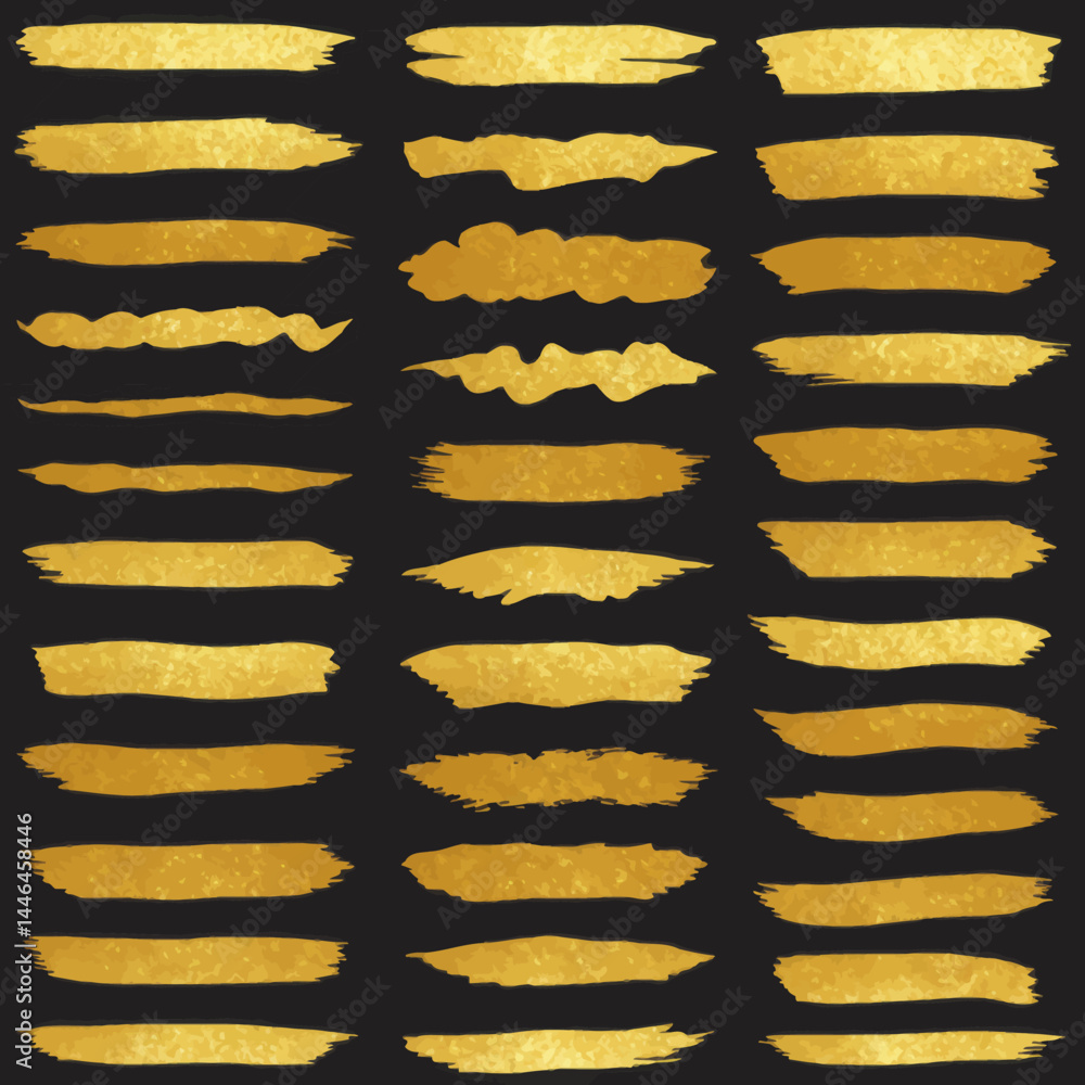 Poster golden brush strokes isolated on black background for design elements and creative projects