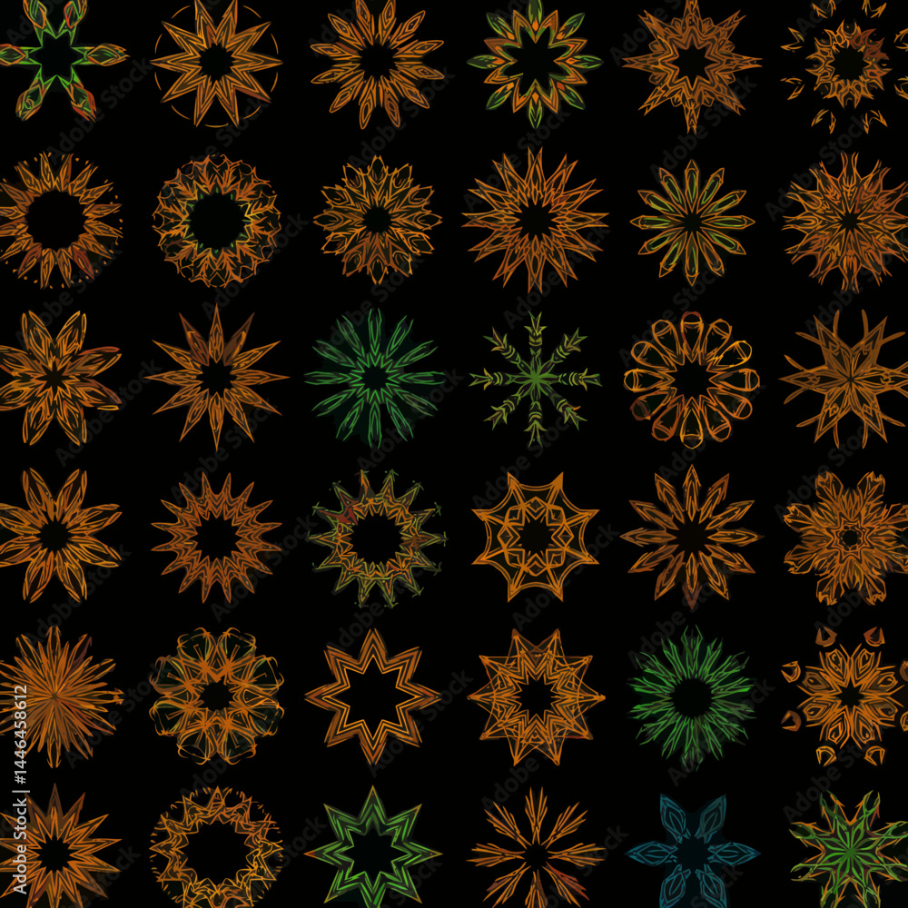 Poster intricate geometric floral patterns in various colors on a dark background for design elements