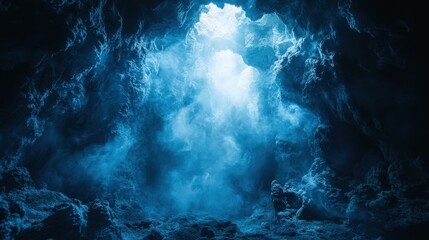 Mystical blue cave interior with ethereal light streaming through opening
