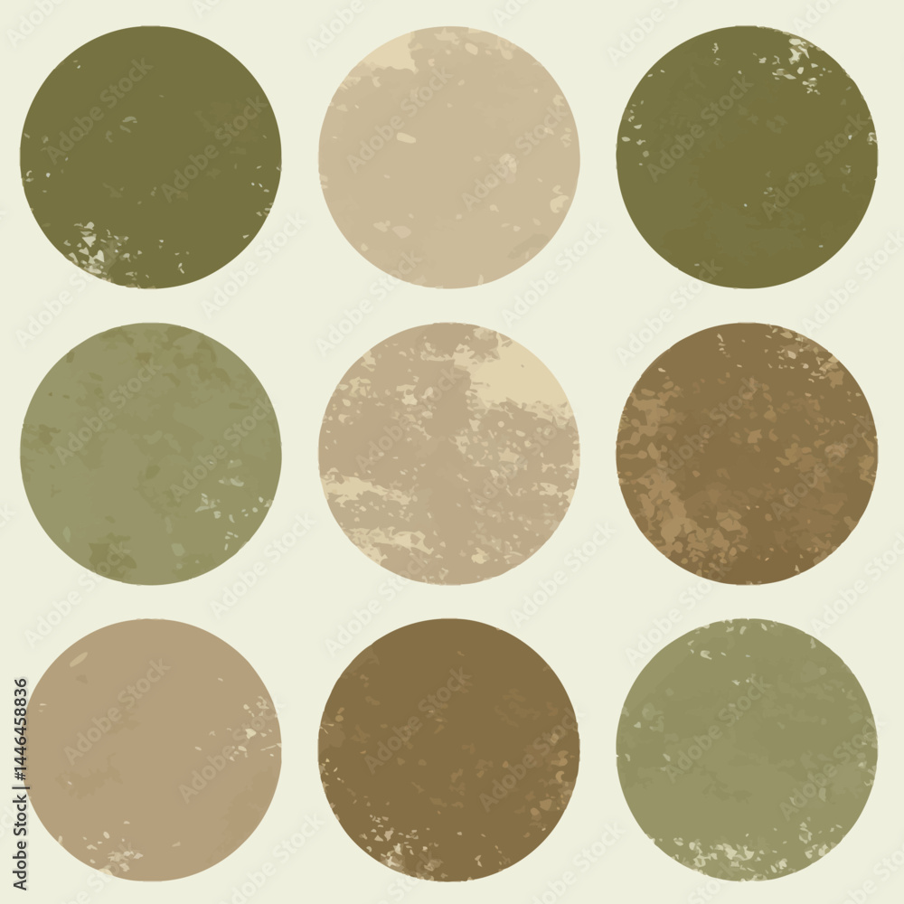 Poster nine textured circles in a grid pattern with earthy tones creating a minimalist design.