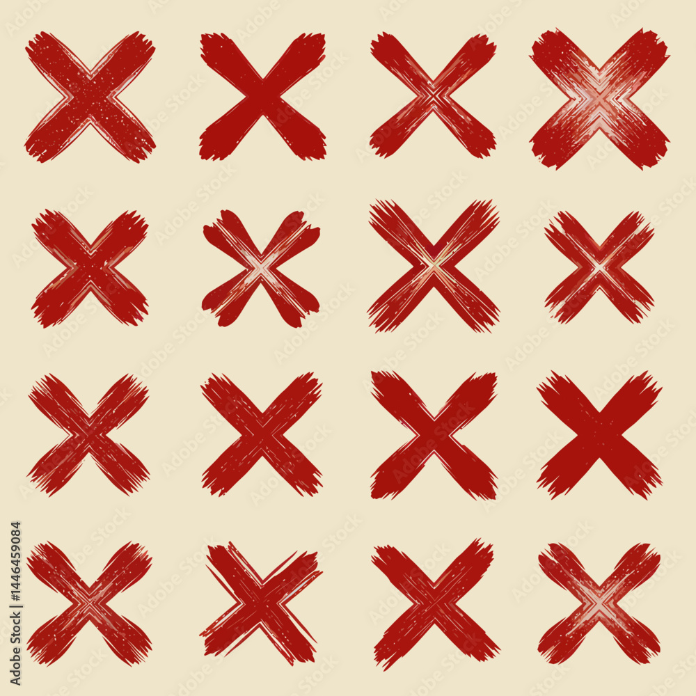 Poster red x marks arranged in a grid on a beige background, symbolizing rejection and errors